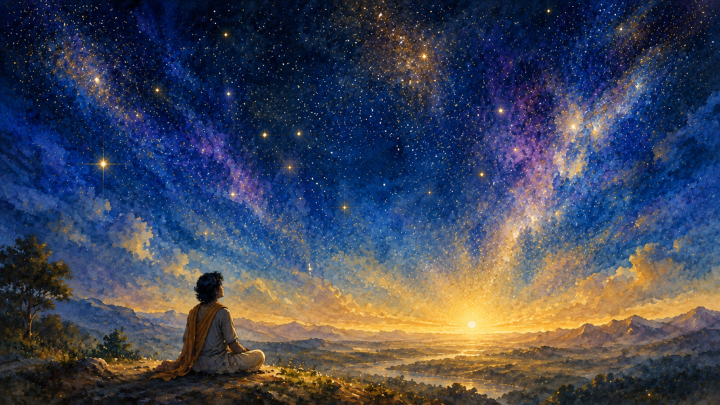 A lone figure sits quietly beneath a vast night sky filled with stars and glowing nebulae, gazing upward in wonder toward a faint golden light on the distant horizon.