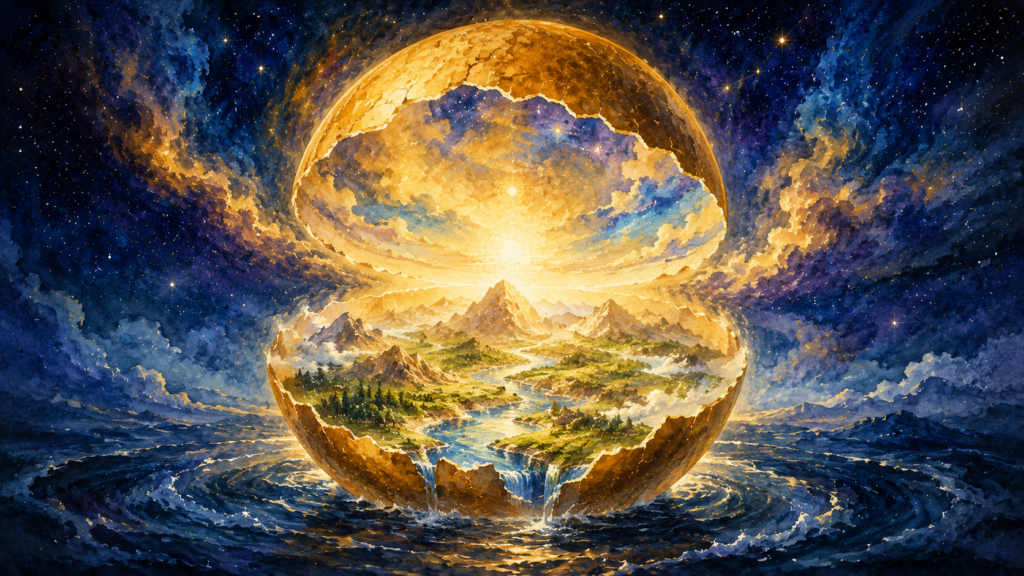 The great golden cosmic egg splits open with radiant light, its upper shell becoming the heavens and its lower shell becoming the earth as mountains, rivers, and mist emerge from within.