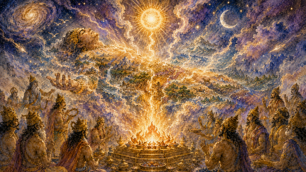 Vedic gods gather around a blazing sacred fire at the dawn of creation as the cosmic being Purusha is offered, his form transforming into the sun, moon, wind, and sky in streams of radiant light.