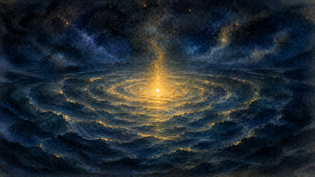 A tiny golden spark awakens within the vast dark cosmic waters, sending gentle ripples across the surface as the first stirring of mind and creation begins.