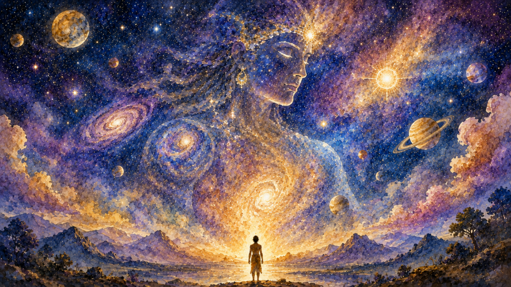 A solitary person stands beneath an immense star-filled cosmos where the faint outline of a vast cosmic being appears among the stars, suggesting the unity of humanity and the universe.