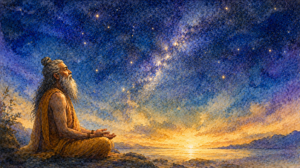 A lone sage sits in silent meditation beneath an immense star-filled sky, gazing upward with open hands toward the mystery of existence as a soft golden glow shines on the distant horizon.