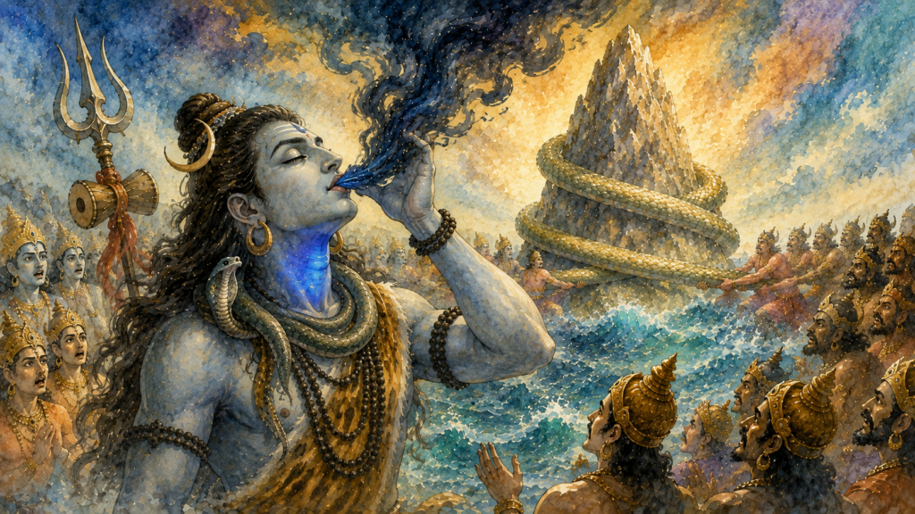 Lord Shiva calmly drinks the deadly Halahala poison rising from the churning ocean, his throat glowing deep blue while gods and demons watch in silent awe.